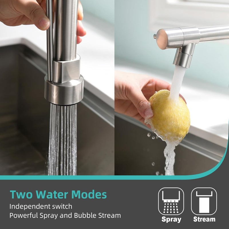 kicimpro Faucet for Kitchen Sink, Commercial Kitchen Faucet with Pull Down Sprayer Brushed Nickel Spring Single Handle High Arc Stainless Steel Kitchen Bar Sink Faucet 1 Hole Or 3 Hole Compatible - Image 3